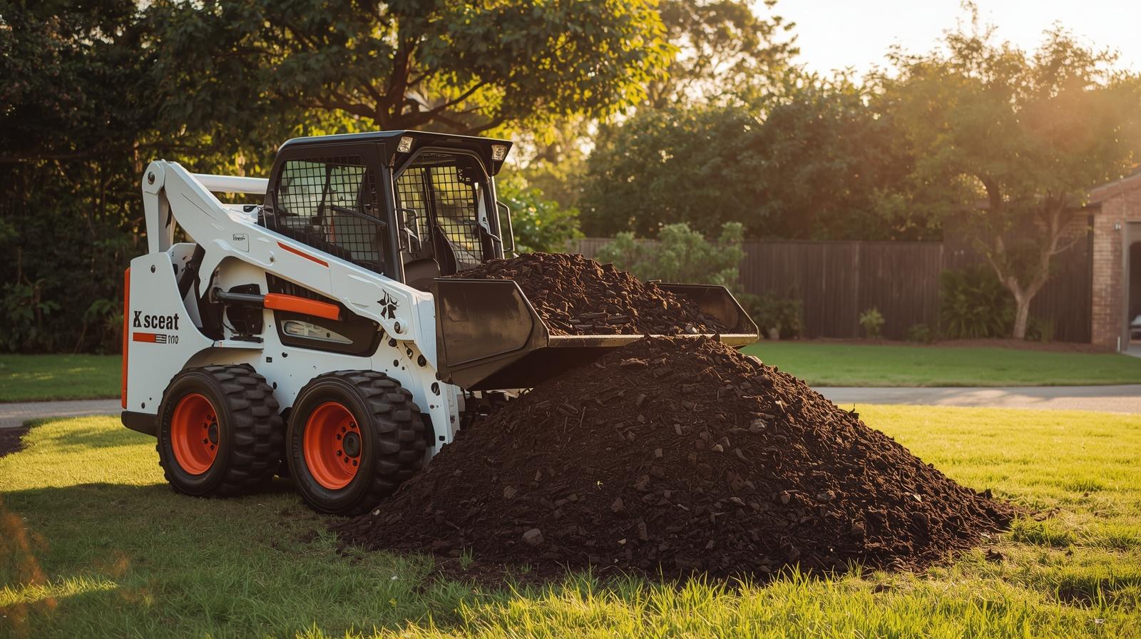 Skid steer loader moving earth in a residential yard